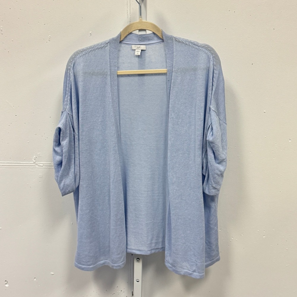 J. Jill TALL Baby Blue Linen Blend Open Front Cardigan Sweater Short Sleeve Lg